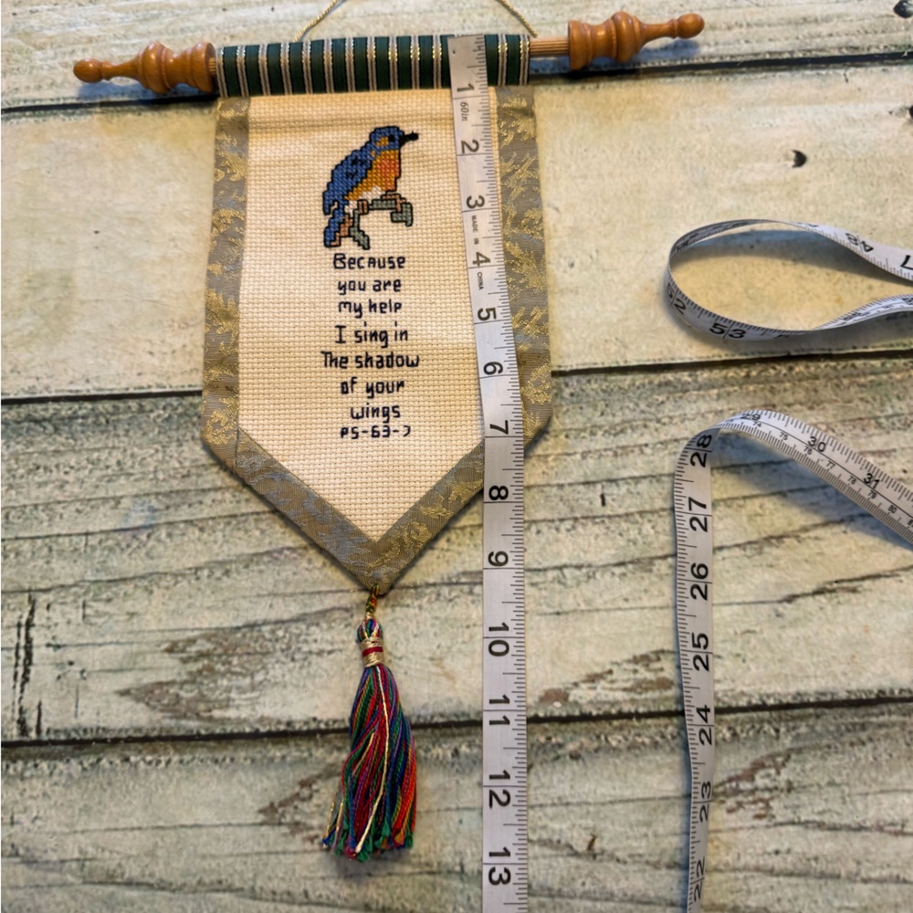 Vintage Grandmacore needlework bird wood rod hanging Bible verse wall art. - Picture 4 of 5